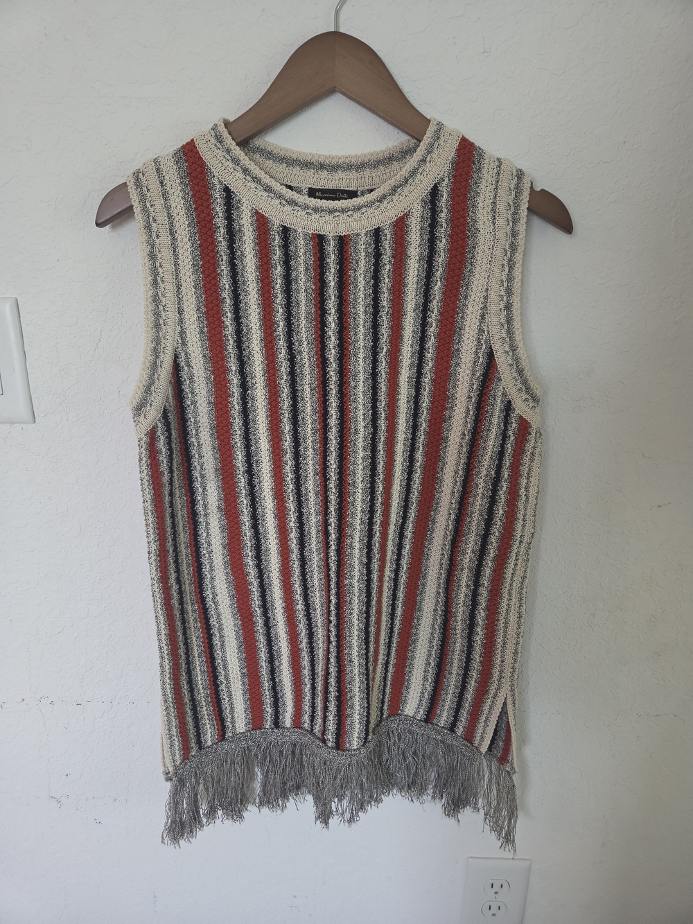 Massimo Dutti Striped Fringe Hem Knit Vest Top Medium Boho Retro Multicolor